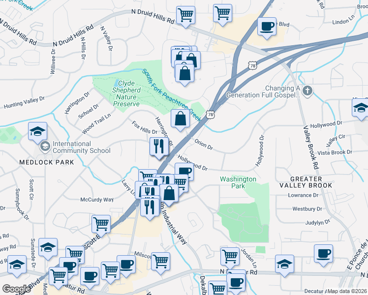 map of restaurants, bars, coffee shops, grocery stores, and more near 849 Constellation Drive in Decatur