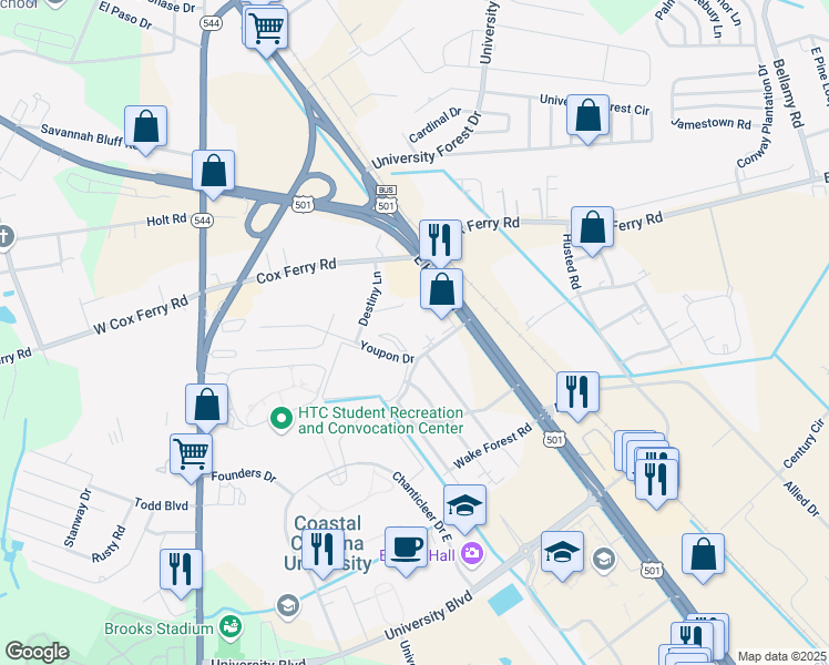 map of restaurants, bars, coffee shops, grocery stores, and more near 120 Carolina Road in Conway