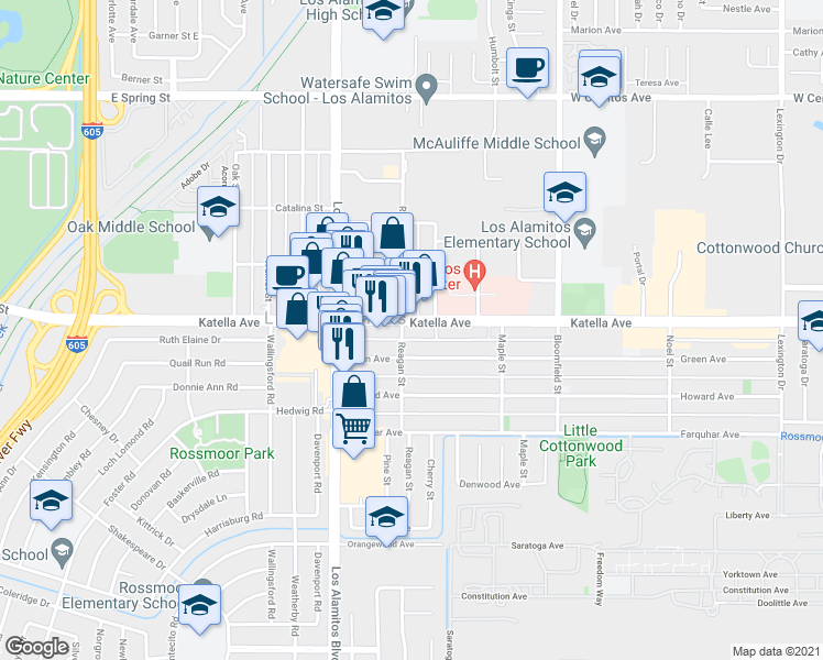 map of restaurants, bars, coffee shops, grocery stores, and more near 3662 Katella Avenue in Los Alamitos