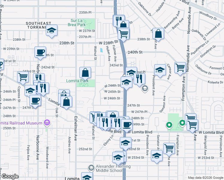 map of restaurants, bars, coffee shops, grocery stores, and more near 1763 West 245th Street in Torrance