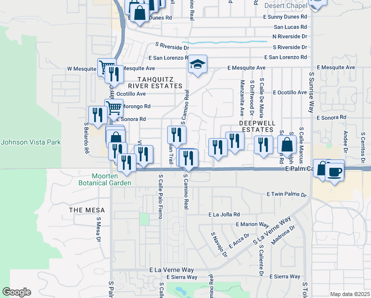 map of restaurants, bars, coffee shops, grocery stores, and more near 1500 South Camino Real in Palm Springs