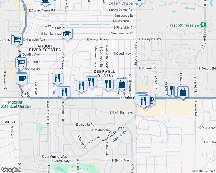 map of restaurants, bars, coffee shops, grocery stores, and more near 1635 Palm Tree Drive in Palm Springs