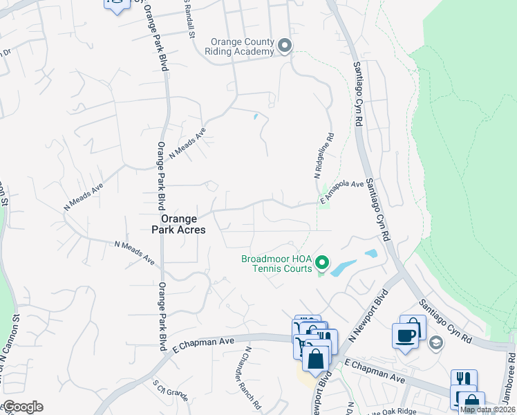 map of restaurants, bars, coffee shops, grocery stores, and more near 7202 East Amapola Avenue in Orange