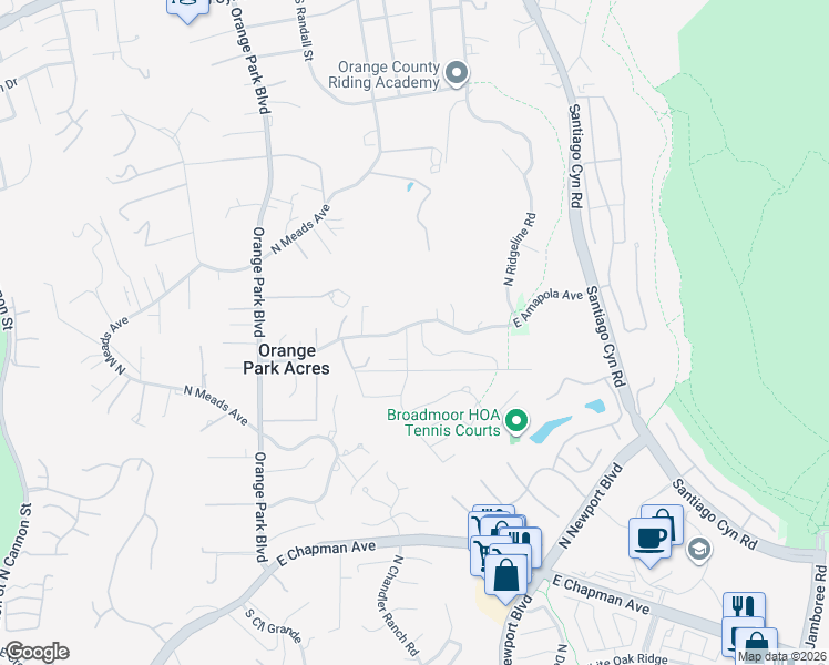 map of restaurants, bars, coffee shops, grocery stores, and more near 20372 East Amapola Avenue in Orange