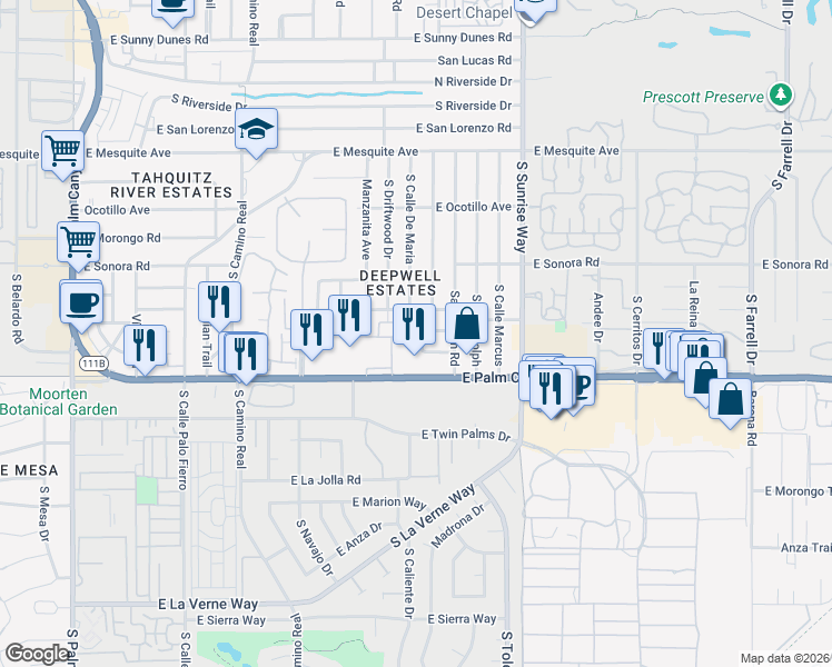 map of restaurants, bars, coffee shops, grocery stores, and more near 1635 Palm Tree Drive in Palm Springs