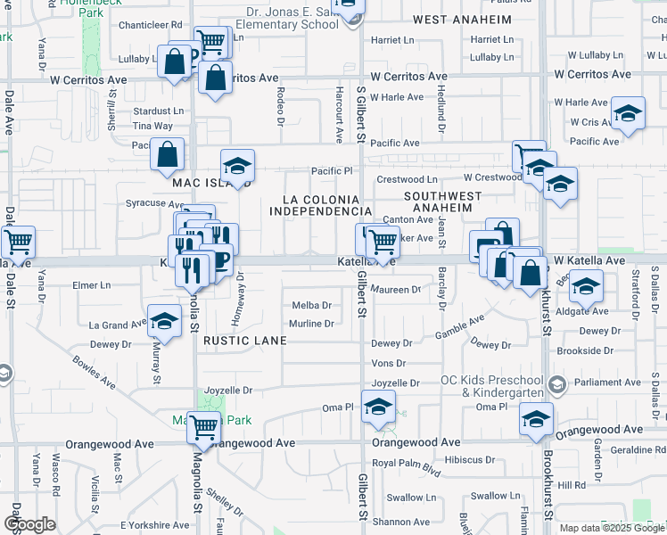 map of restaurants, bars, coffee shops, grocery stores, and more near 9401 Meridian Lane in Garden Grove