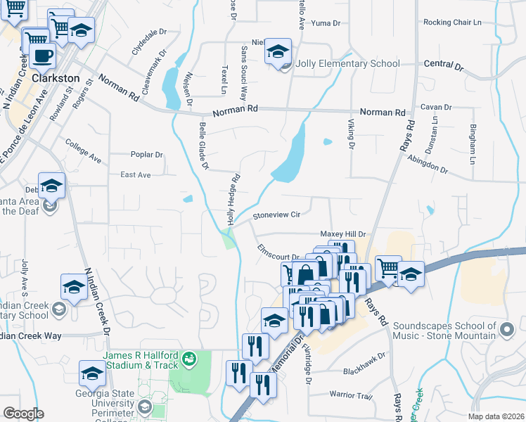 map of restaurants, bars, coffee shops, grocery stores, and more near 3974 Stoneview Circle in Stone Mountain