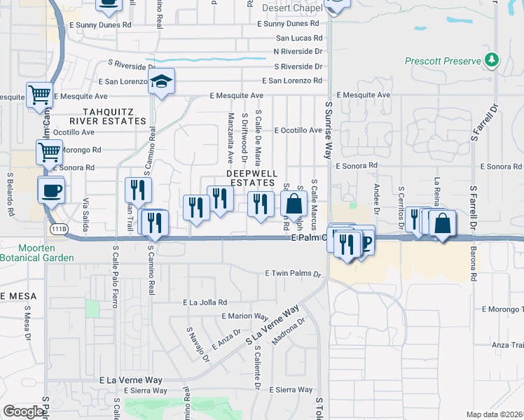map of restaurants, bars, coffee shops, grocery stores, and more near 1631 Palm Tree Drive in Palm Springs