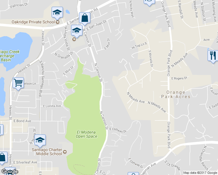 map of restaurants, bars, coffee shops, grocery stores, and more near 5846 East Sandstone Court in Orange