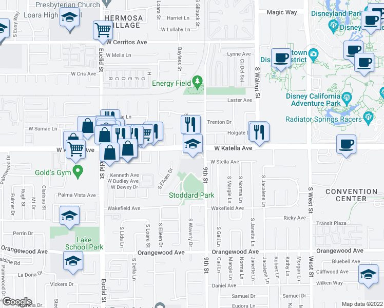 map of restaurants, bars, coffee shops, grocery stores, and more near 1841 9th Street in Anaheim