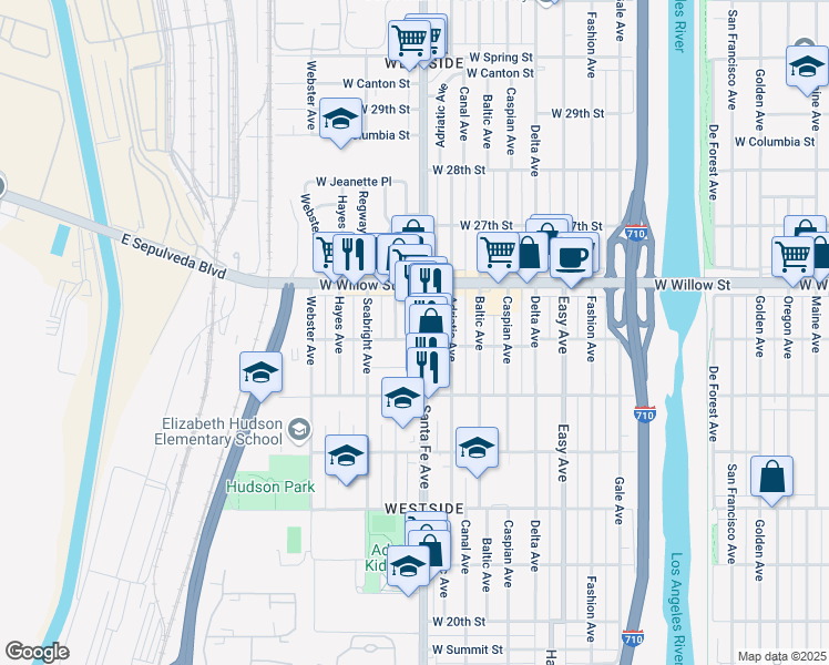 map of restaurants, bars, coffee shops, grocery stores, and more near 1800 West 25th Street in Long Beach
