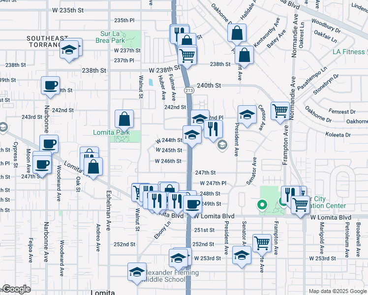 map of restaurants, bars, coffee shops, grocery stores, and more near 1702 West 245th Street in Torrance