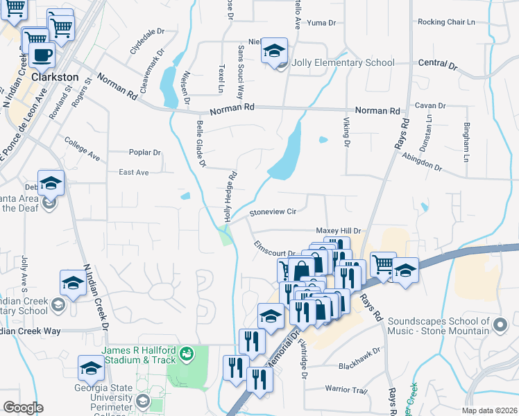 map of restaurants, bars, coffee shops, grocery stores, and more near 3974 Stoneview Circle in Stone Mountain