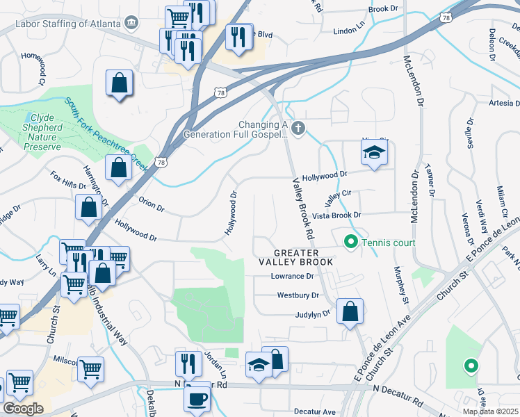 map of restaurants, bars, coffee shops, grocery stores, and more near 2822 Fantasy Lane in Decatur