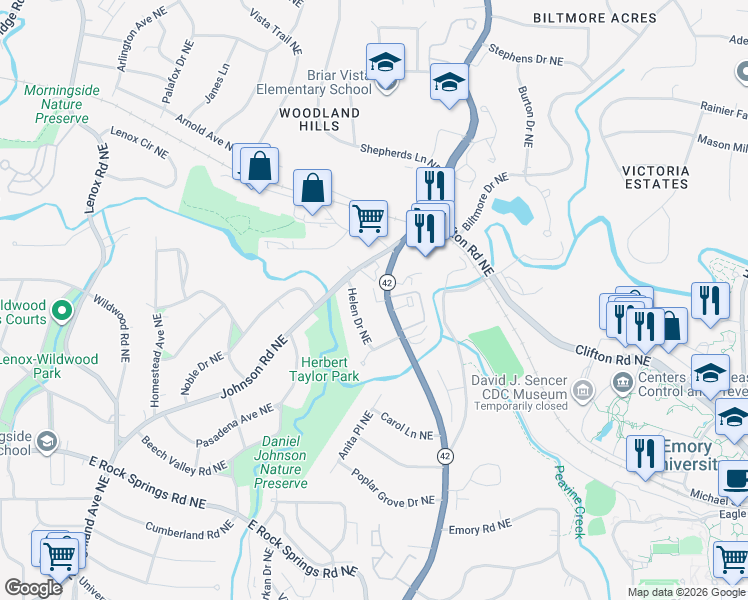 map of restaurants, bars, coffee shops, grocery stores, and more near 1755 Helen Drive Northeast in Atlanta