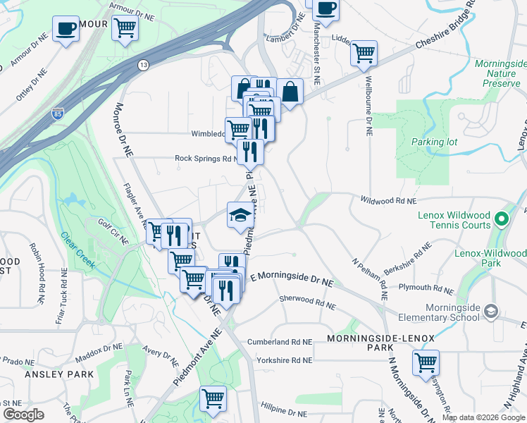 map of restaurants, bars, coffee shops, grocery stores, and more near 648 East Pelham Road Northeast in Atlanta