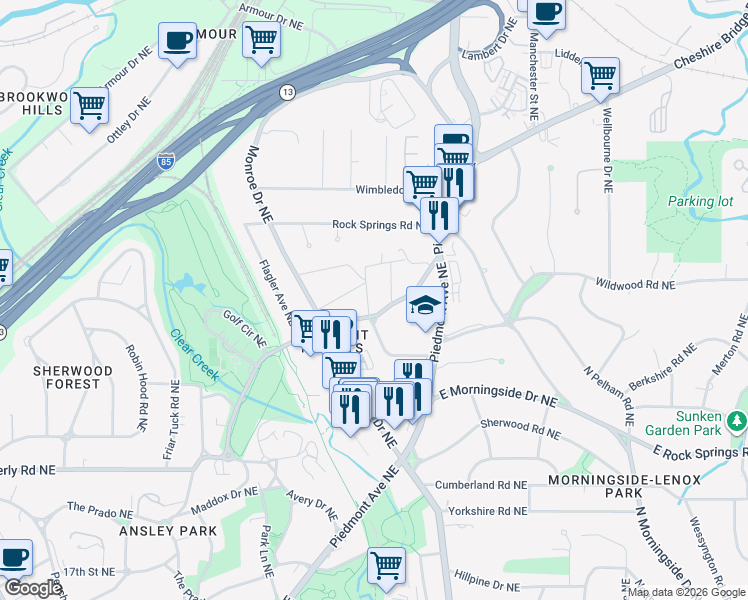 map of restaurants, bars, coffee shops, grocery stores, and more near 510 Montgomery Ferry Road Northeast in Atlanta