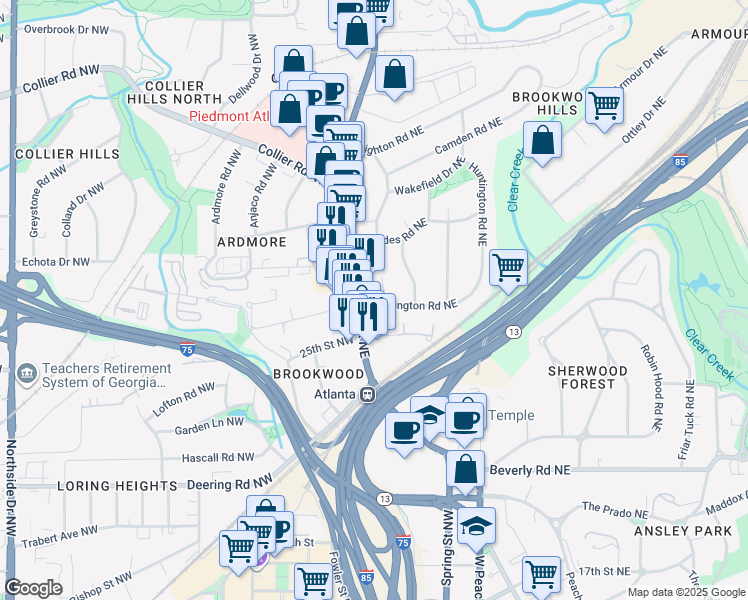map of restaurants, bars, coffee shops, grocery stores, and more near in Atlanta