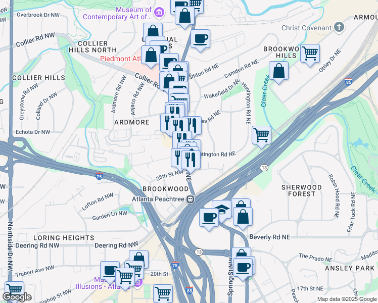 map of restaurants, bars, coffee shops, grocery stores, and more near in Atlanta
