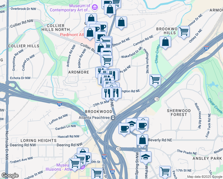 map of restaurants, bars, coffee shops, grocery stores, and more near 1777 Peachtree Street Northeast in Atlanta