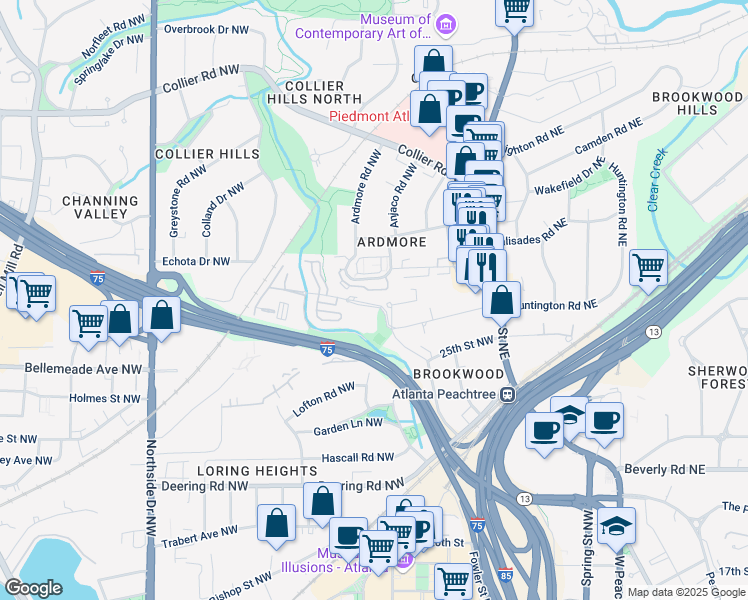 map of restaurants, bars, coffee shops, grocery stores, and more near 130 26th Street Northwest in Atlanta