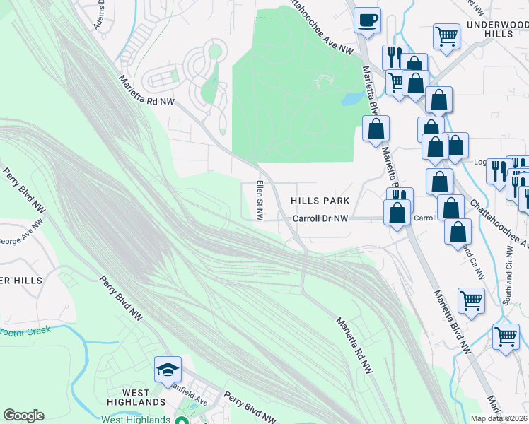 map of restaurants, bars, coffee shops, grocery stores, and more near 1734 Ellen Street Northwest in Atlanta