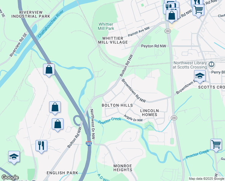 map of restaurants, bars, coffee shops, grocery stores, and more near 1755 Bolton Road Northwest in Atlanta