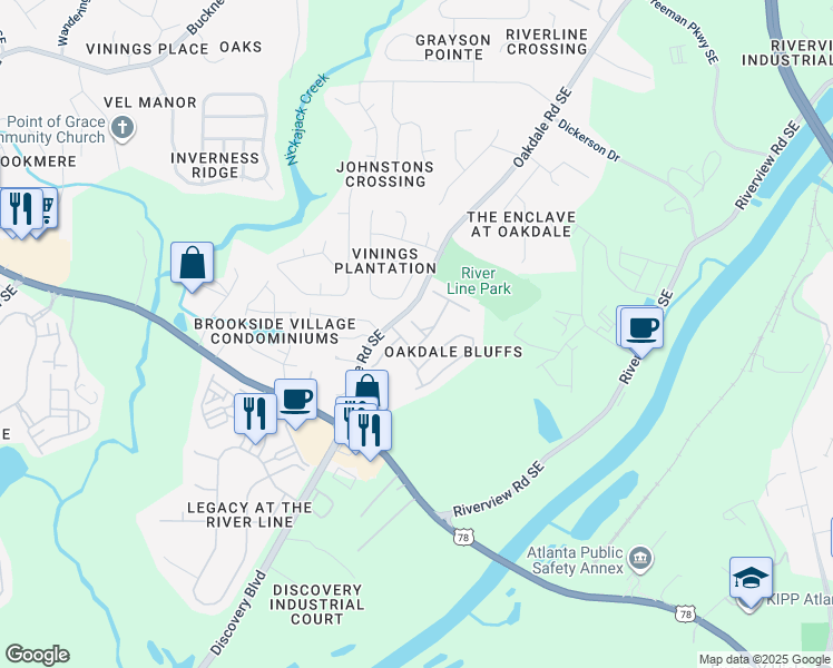 map of restaurants, bars, coffee shops, grocery stores, and more near 1561 Oakdale Bluffs Drive in Mableton