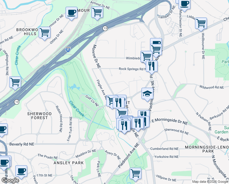 map of restaurants, bars, coffee shops, grocery stores, and more near 505 Allen Road Northeast in Atlanta