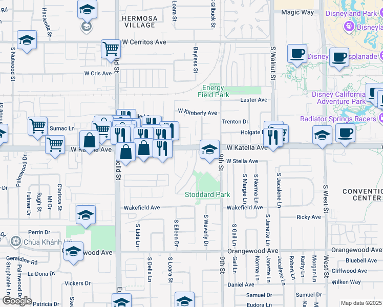 map of restaurants, bars, coffee shops, grocery stores, and more near 1556 West Katella Avenue in Anaheim