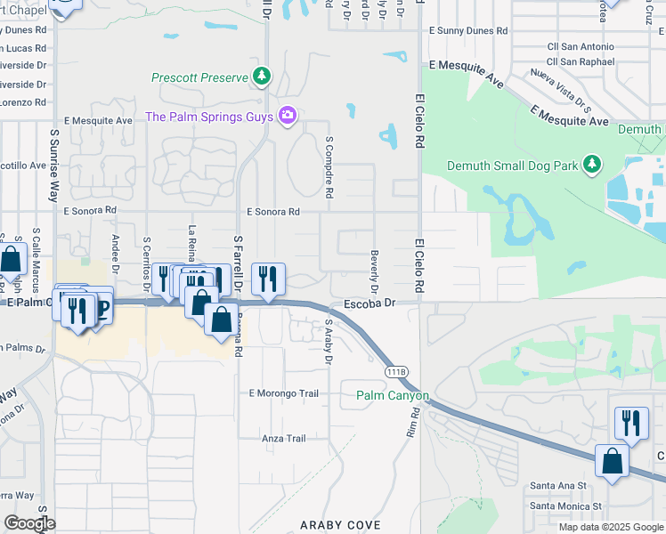 map of restaurants, bars, coffee shops, grocery stores, and more near 2900 East Avery Drive in Palm Springs