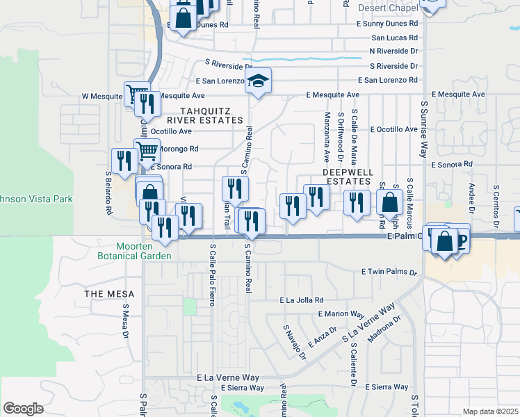 map of restaurants, bars, coffee shops, grocery stores, and more near 1550 South Camino Real in Palm Springs
