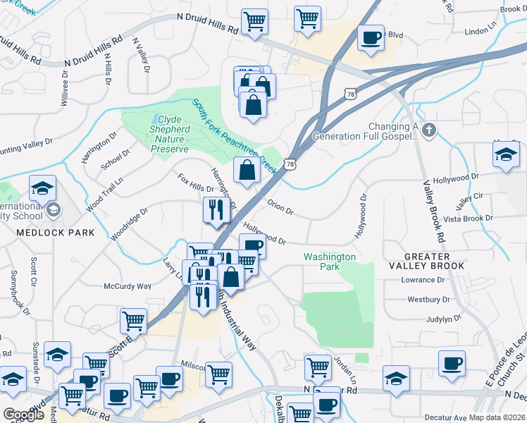 map of restaurants, bars, coffee shops, grocery stores, and more near 849 Constellation Drive in Decatur