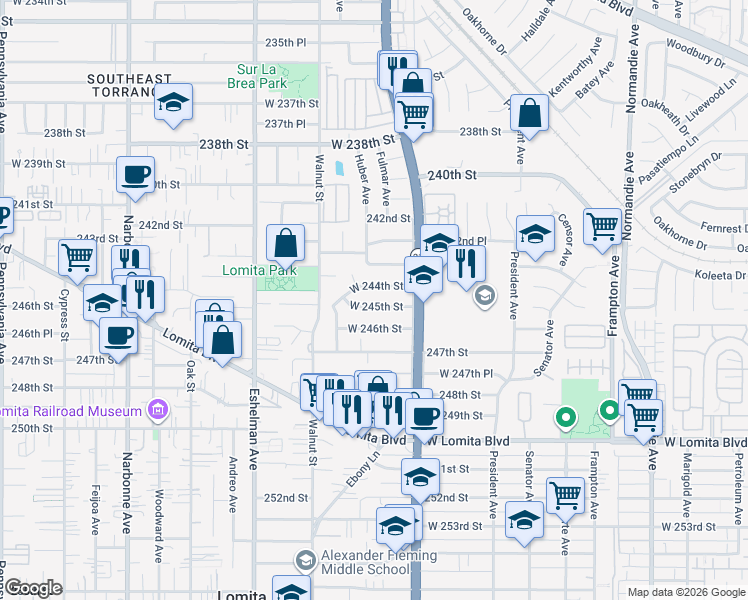 map of restaurants, bars, coffee shops, grocery stores, and more near 1763 West 245th Street in Torrance