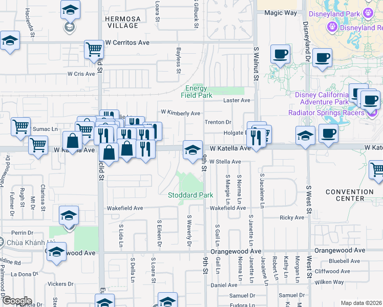 map of restaurants, bars, coffee shops, grocery stores, and more near 1505 West Nottingham Lane in Anaheim