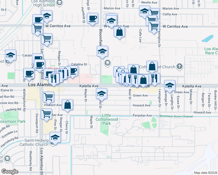 map of restaurants, bars, coffee shops, grocery stores, and more near 4050 Katella Avenue in Los Alamitos