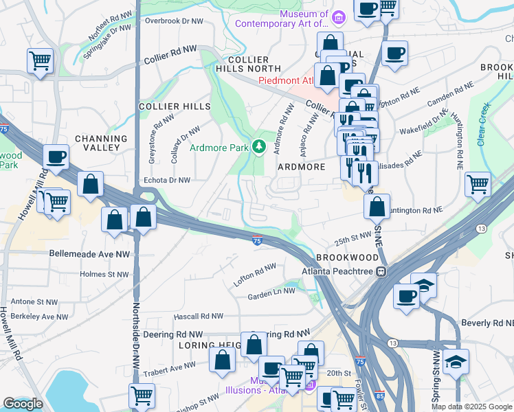 map of restaurants, bars, coffee shops, grocery stores, and more near 215 Semel Drive in Atlanta