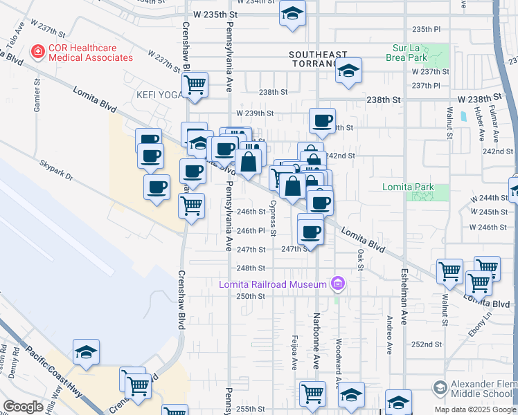 map of restaurants, bars, coffee shops, grocery stores, and more near 2323 246th Street in Lomita
