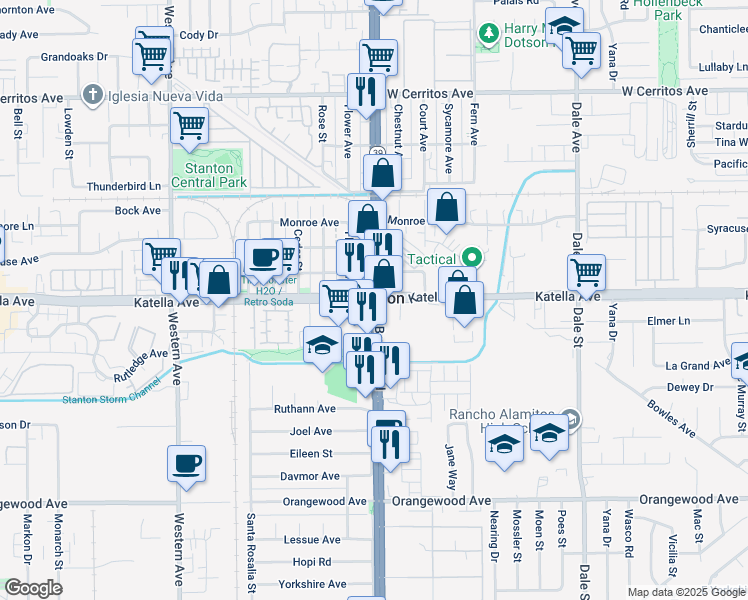 map of restaurants, bars, coffee shops, grocery stores, and more near in Stanton