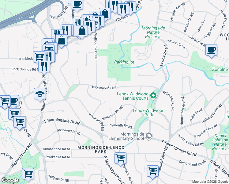 map of restaurants, bars, coffee shops, grocery stores, and more near 905 Wildwood Rd NE in Atlanta