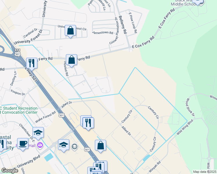 map of restaurants, bars, coffee shops, grocery stores, and more near 300 Bellamy Avenue in Conway