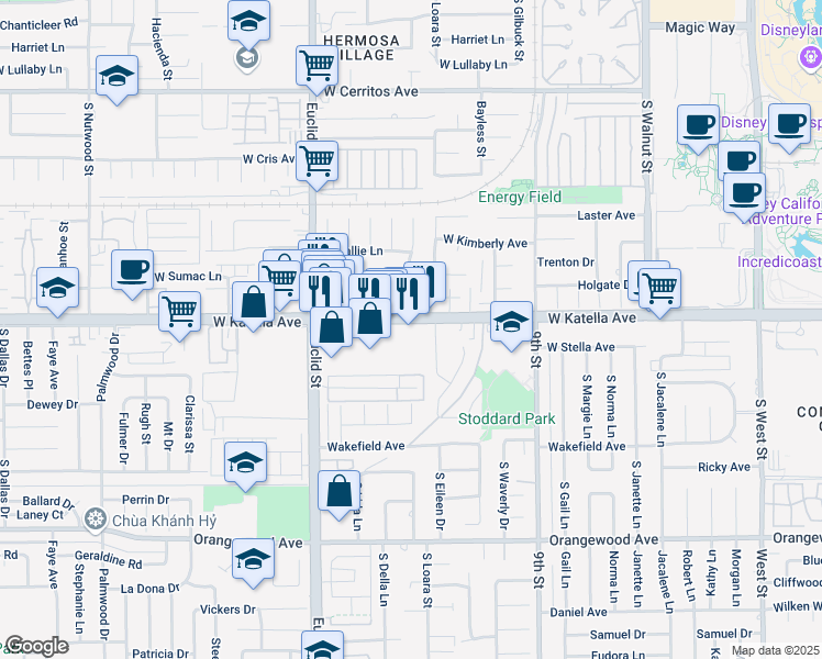map of restaurants, bars, coffee shops, grocery stores, and more near 1614 West Katella Avenue in Anaheim