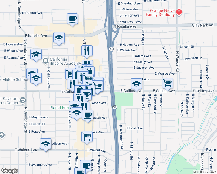 map of restaurants, bars, coffee shops, grocery stores, and more near 931 North Highland Street in Orange