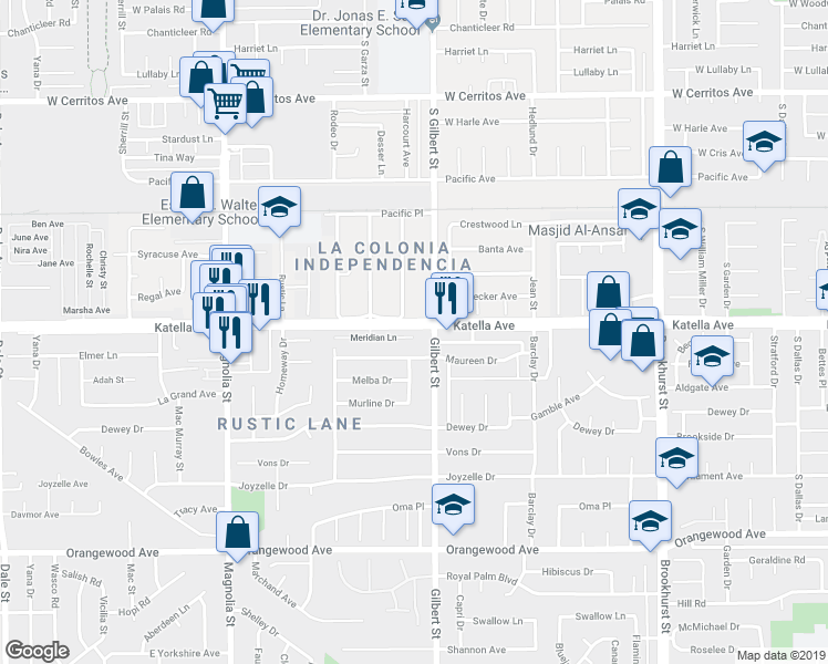 map of restaurants, bars, coffee shops, grocery stores, and more near 9431 Meridian Lane in Garden Grove