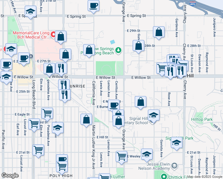 map of restaurants, bars, coffee shops, grocery stores, and more near 2499 Cerritos Avenue in Signal Hill