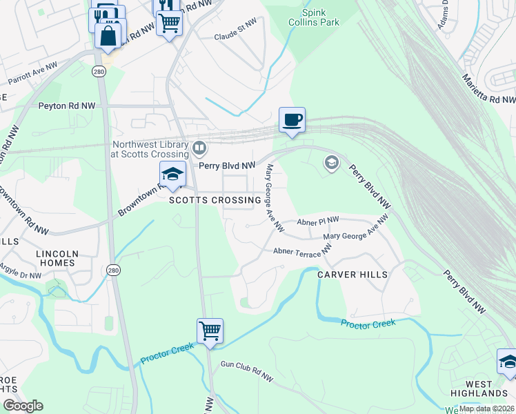 map of restaurants, bars, coffee shops, grocery stores, and more near 1731 Givens Street Northwest in Atlanta