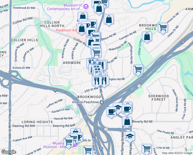 map of restaurants, bars, coffee shops, grocery stores, and more near in Atlanta
