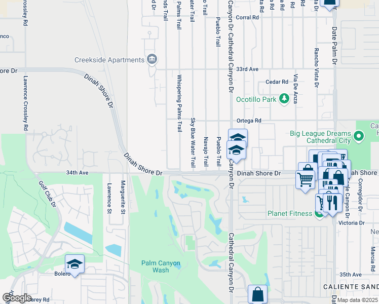 map of restaurants, bars, coffee shops, grocery stores, and more near 33801 Sky Blue Water Trail in Cathedral City