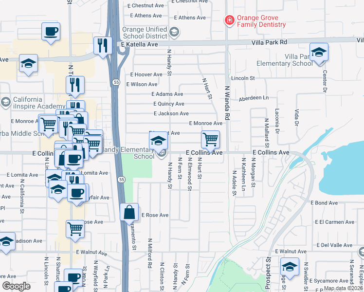 map of restaurants, bars, coffee shops, grocery stores, and more near 2517 East Collins Avenue in Orange