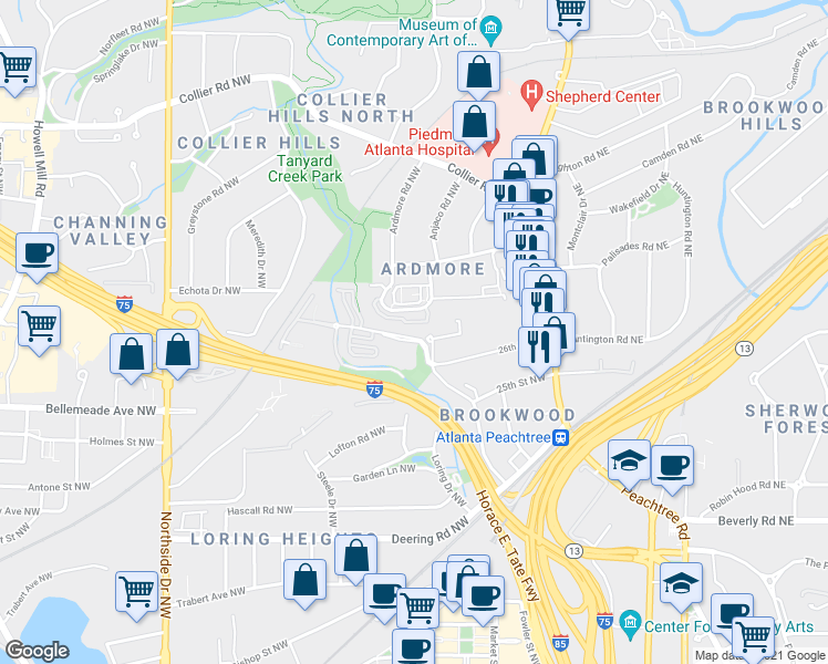map of restaurants, bars, coffee shops, grocery stores, and more near 130 26th Street Northwest in Atlanta